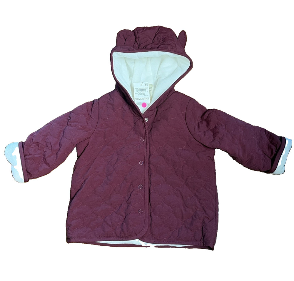 First Impressions Burgundy Baby Jacket W/ Bear Ear Hoodie Size 18m, lined NWT